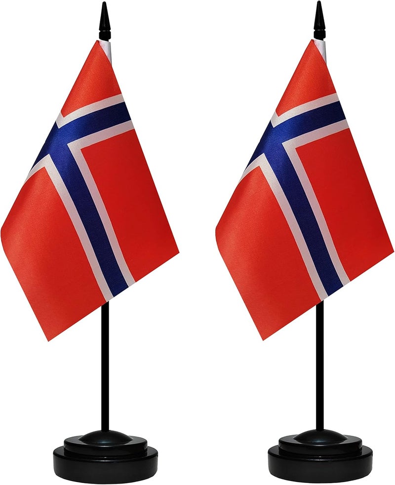 BCLin Norway Desk Flag Set, 2 Pack Norwegian Table Office Flags, Small Mini Desktop Flag With 12" Solid Black Pole, Black Base, Miniature Desktop Flag - Image 1